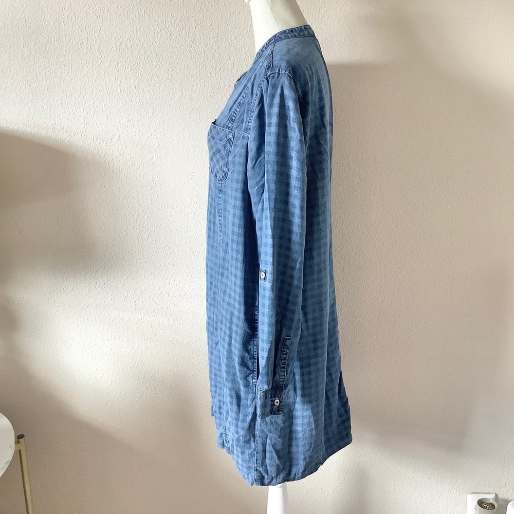 Chambray Shirtdress M Roll-Tab Sleeve Gingham Check Coastal Preppy Tomato Girl - Picture 9 of 12